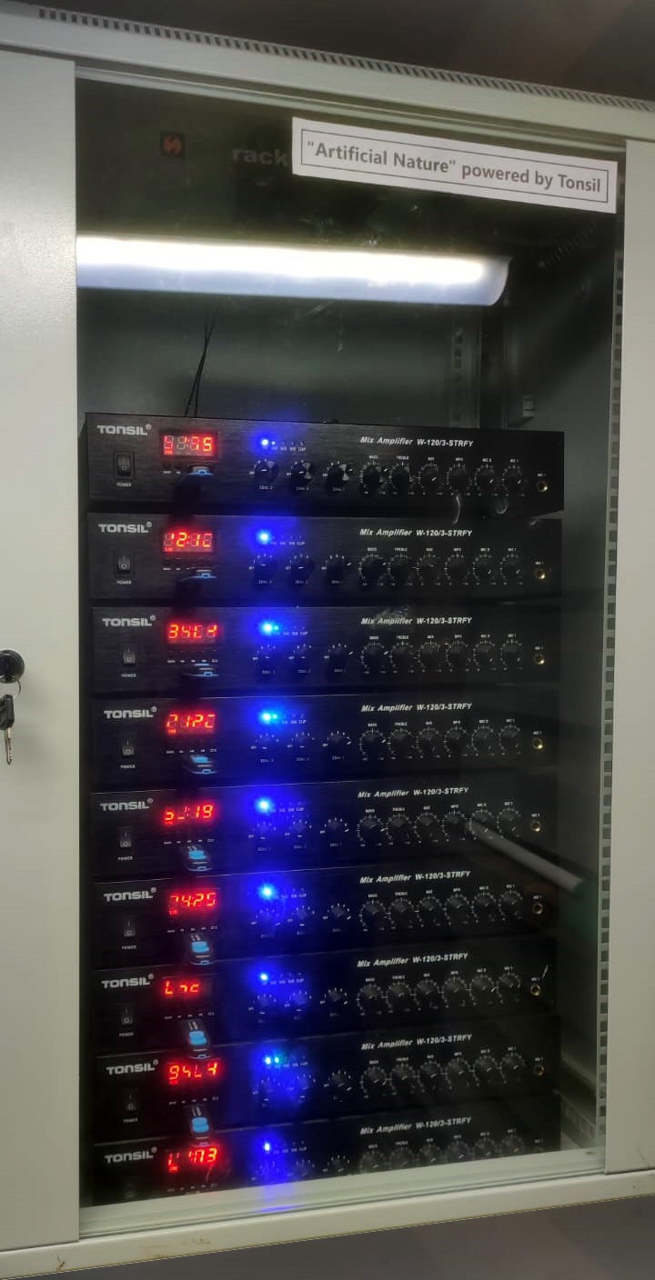Tonsil audio amplifiers used for sound in the Artificial Nature farm environment